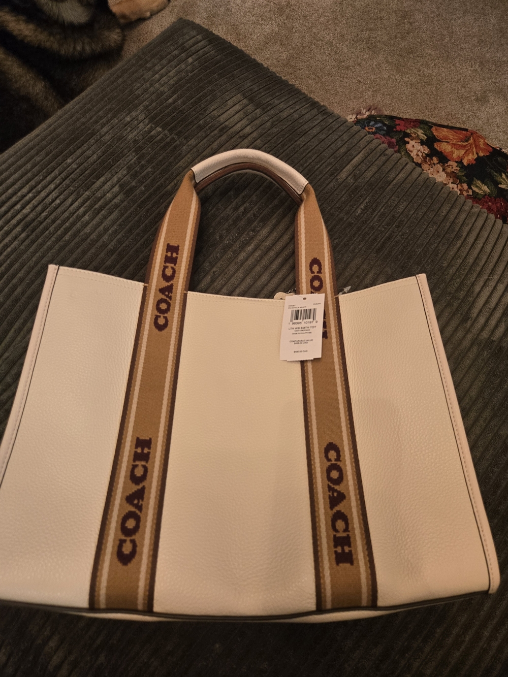 COACH Cream Leather Tote with Branded Tan Webbing Straps